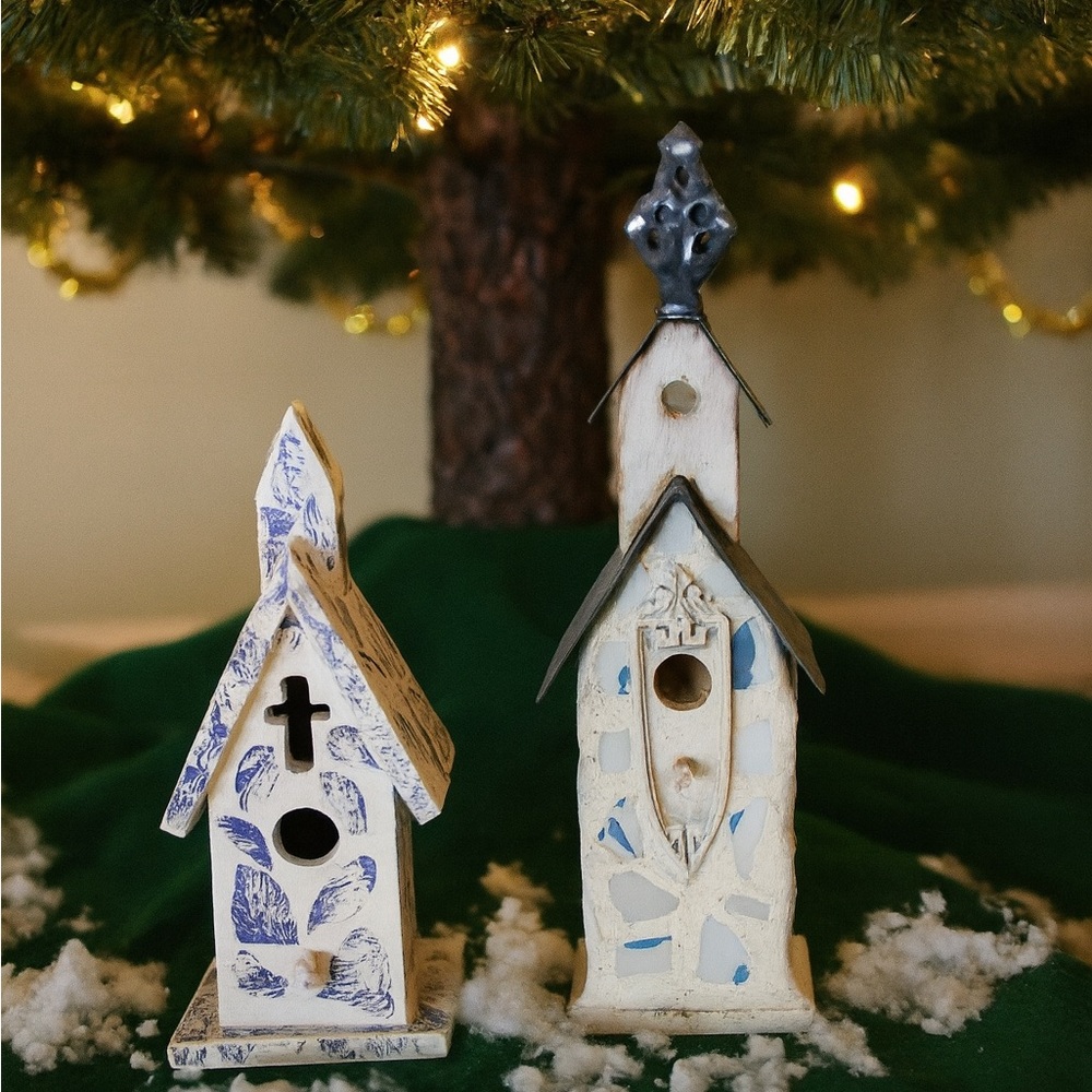 Decorative Vintage Blue and White Birdhouses, handcrafted!